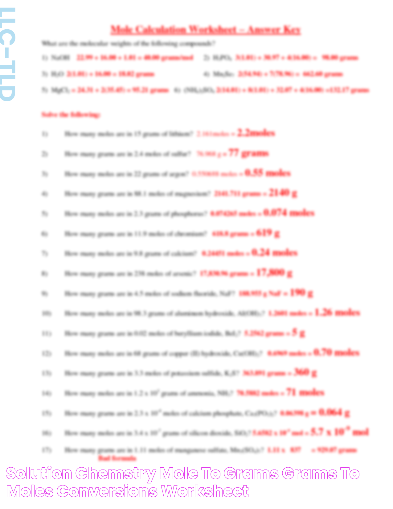 SOLUTION Chemstry mole to grams grams to moles conversions worksheet