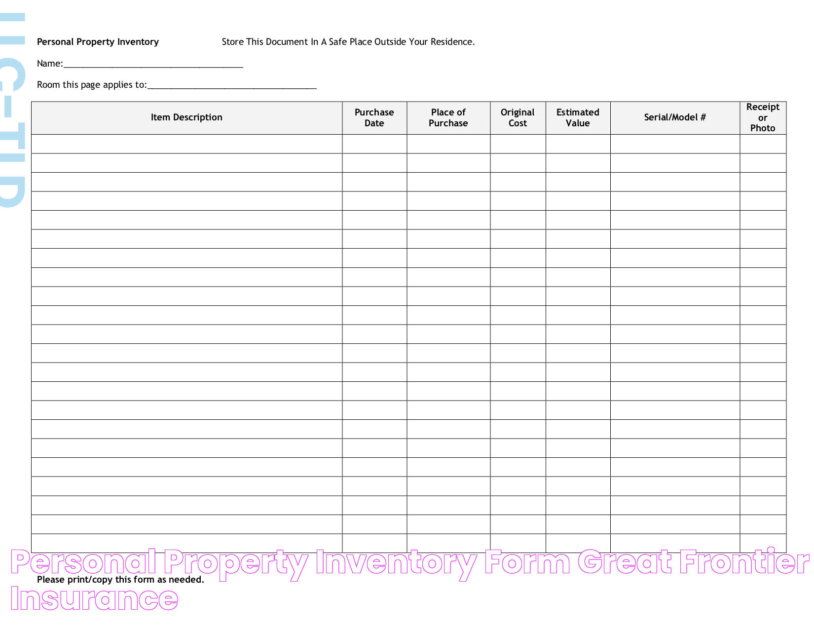 Personal Property Inventory Form Great Frontier Insurance