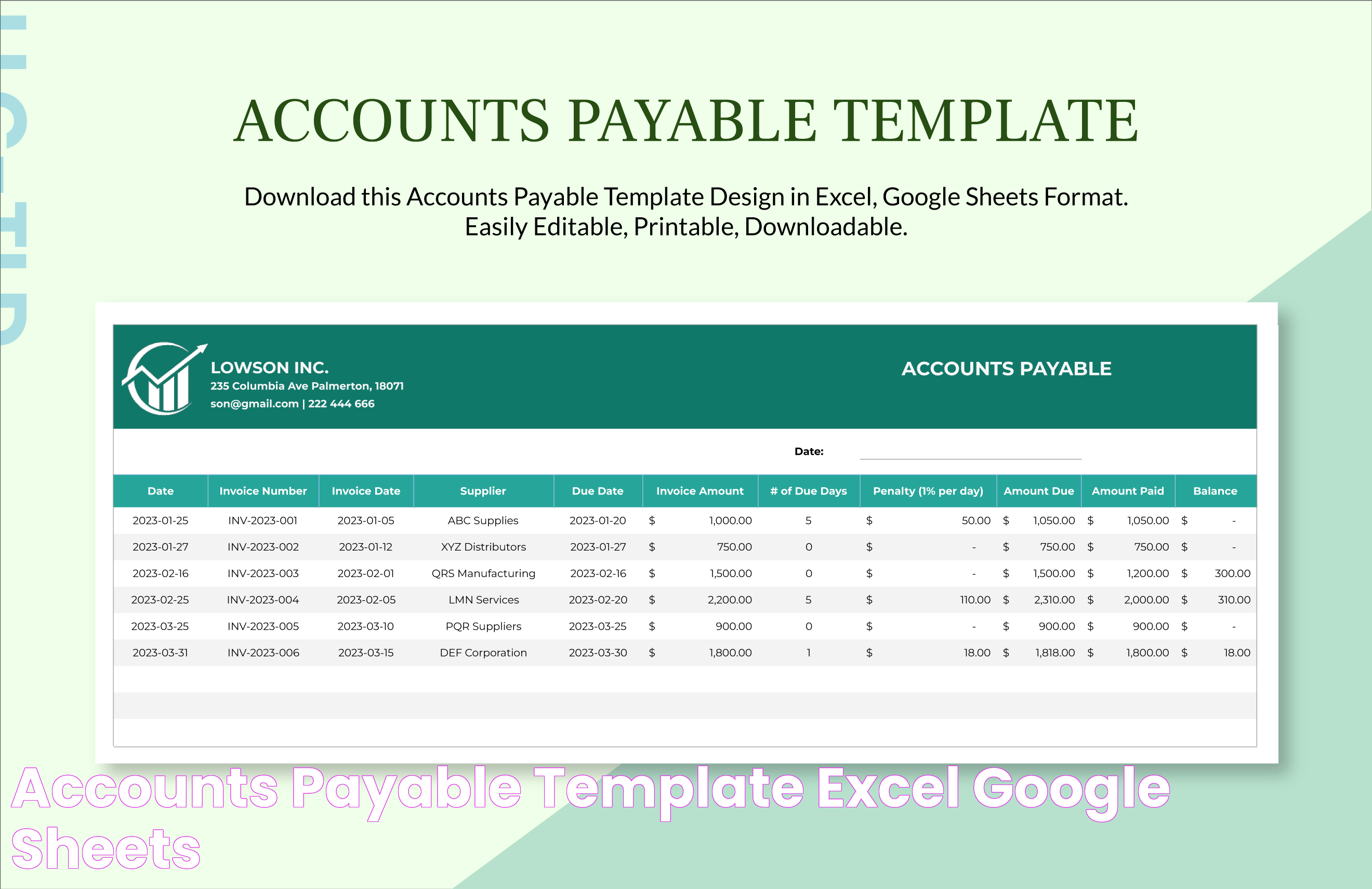 Accounts Payable Template Excel, Google Sheets