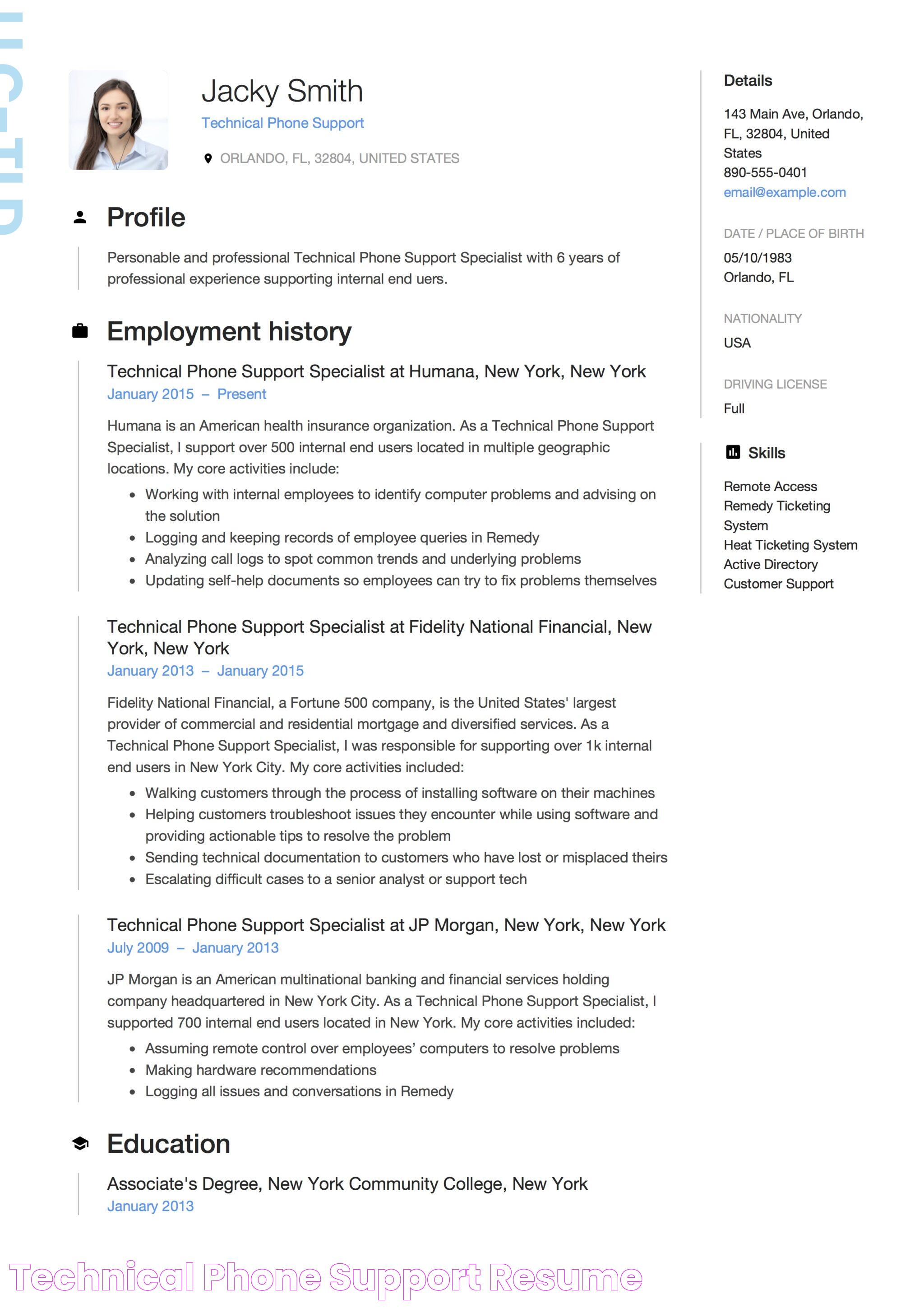 Technical Phone Support Resume