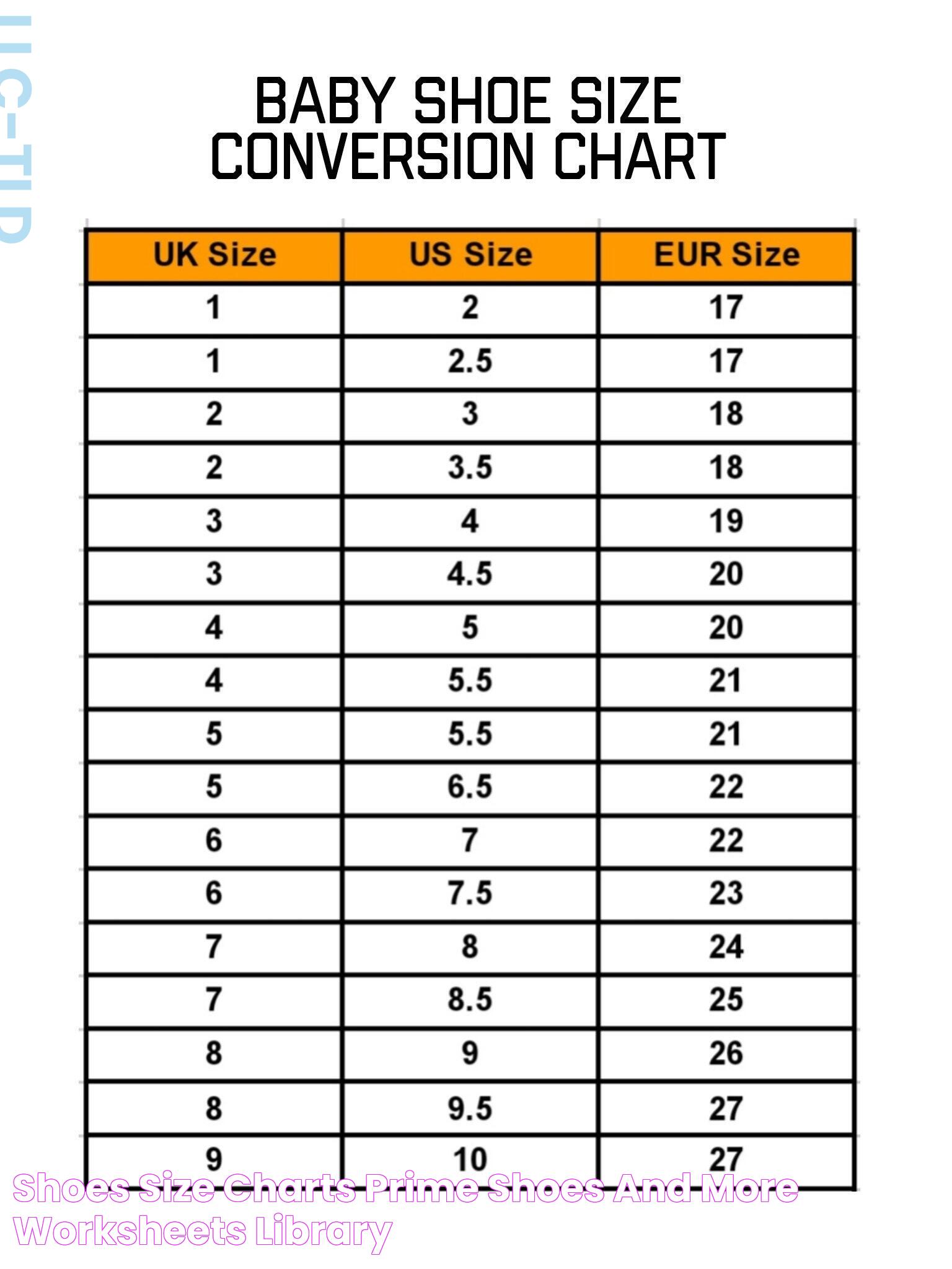 Shoes Size Charts Prime Shoes and More Worksheets Library