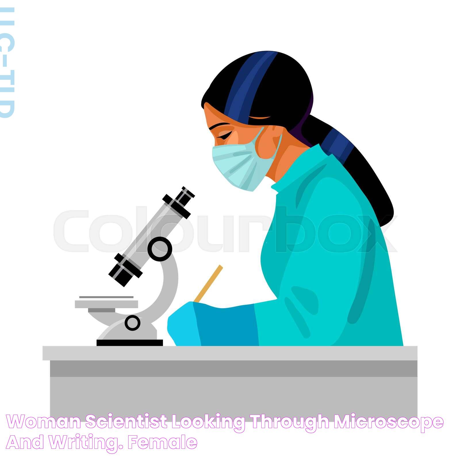 Woman scientist looking through microscope and writing. Female